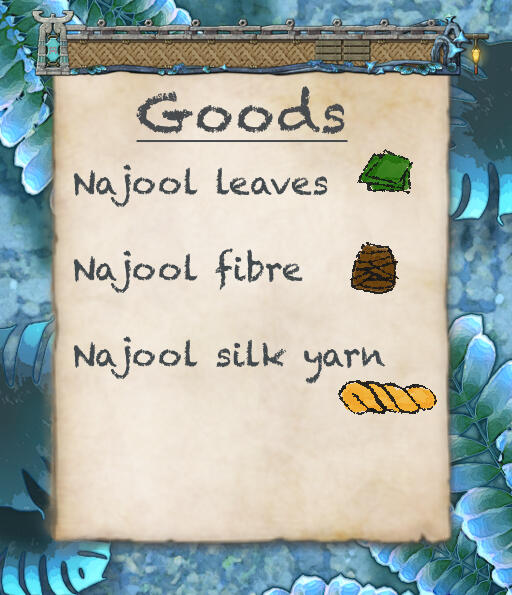 Najool leaves, Najool fibre, Najool silk yarn. Each item has a small drawing beside it.