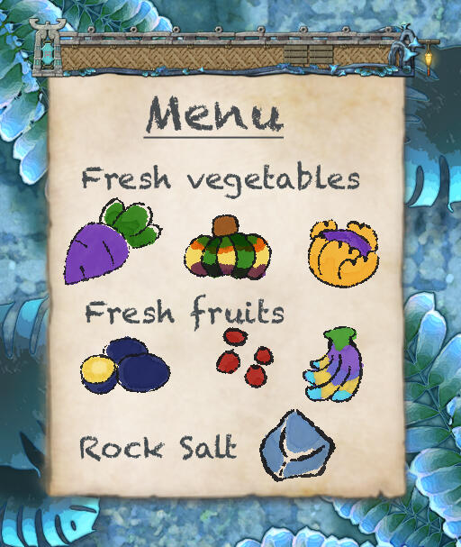 Fresh vegetables, featuring a radish, a pumpkin and a cabbage. Fresh fruits featuring a kiwi, cranberries, and bananas. Rock salt. Each food has a small drawing beside it.